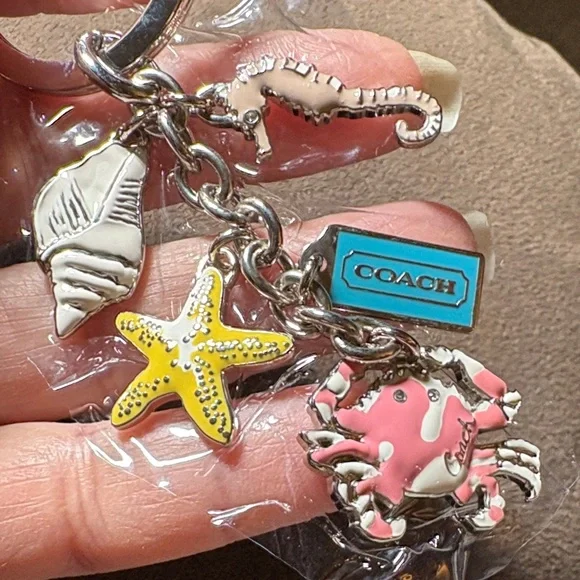 Coach Silver Keychain with Pink And White Crab And Other Colorful Beach Charms - Picture 2 of 6